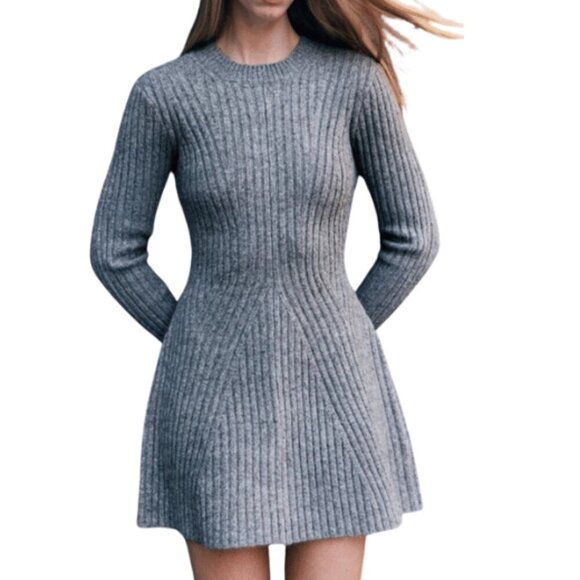 H&M Dresses & Skirts - H&M Grey Wool Blend Soft Rib-Knit Round Neckline Long Sleeve Flared Dress XL